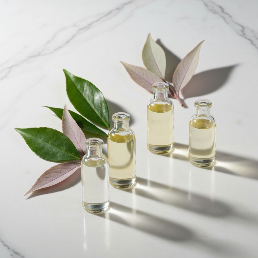 Glasflaschen mit natürlichen Ölen und Pflanzen