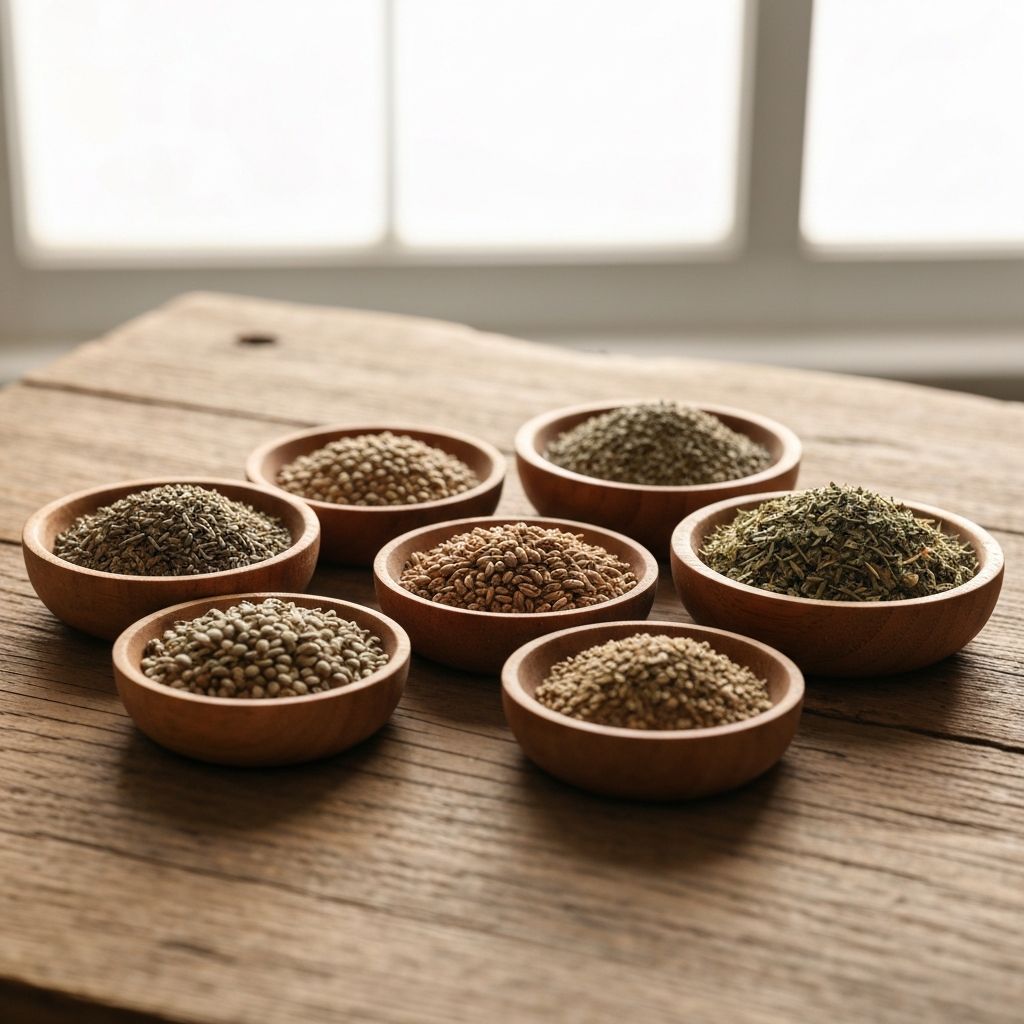 Verschiedene Samen und getrocknete Kräuter